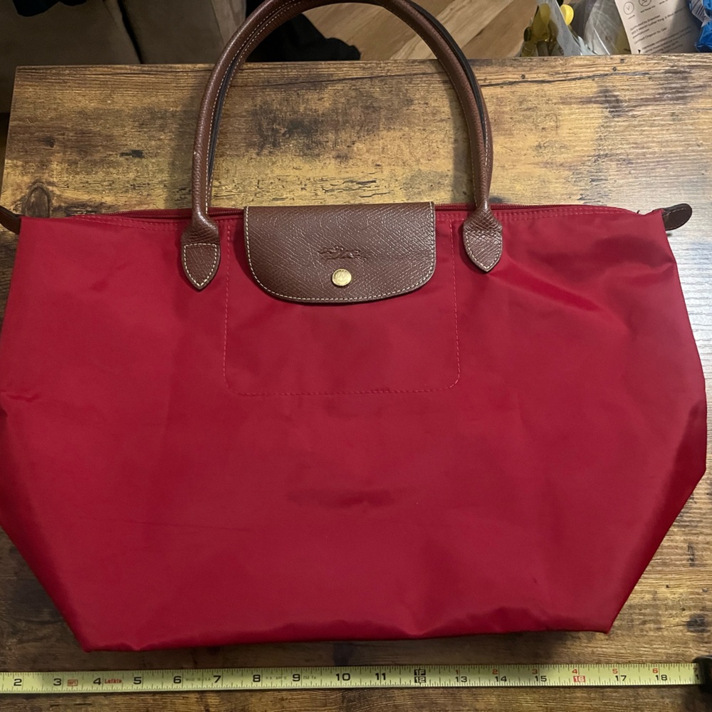 Longchamp Red Tote with Brown Handles